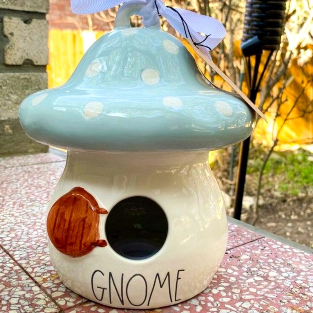 NWT Rae Dunn Blue Mushroom Gnome Birdhouse Rare Magenta
